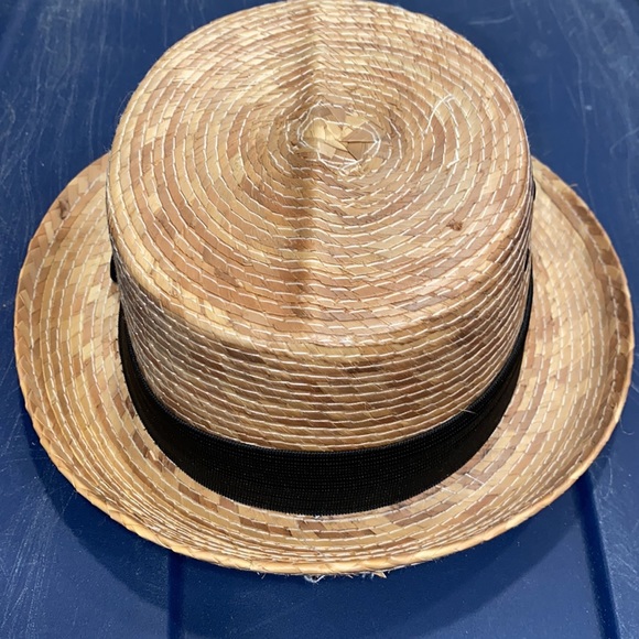 Raffia Baby Fedora Panama Straw Hat black ribbon tan 17” head - Picture 4 of 9